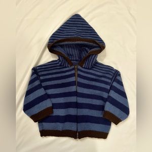 Hand-knit blue striped zip-up hooded sweater